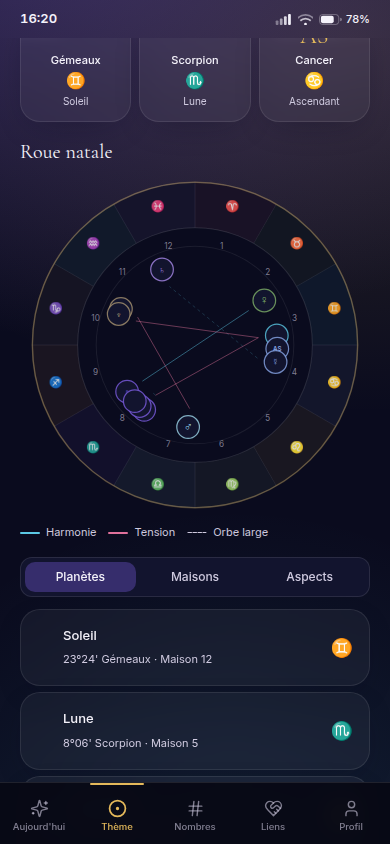 Aperçu de l'écran thème astral de l'application Astréa